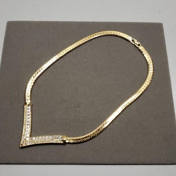 Vtg 80s Signed Christian Dior "V" Rhinestone Bulky Chain 6.5" Choker Necklace - Picture 1 of 7